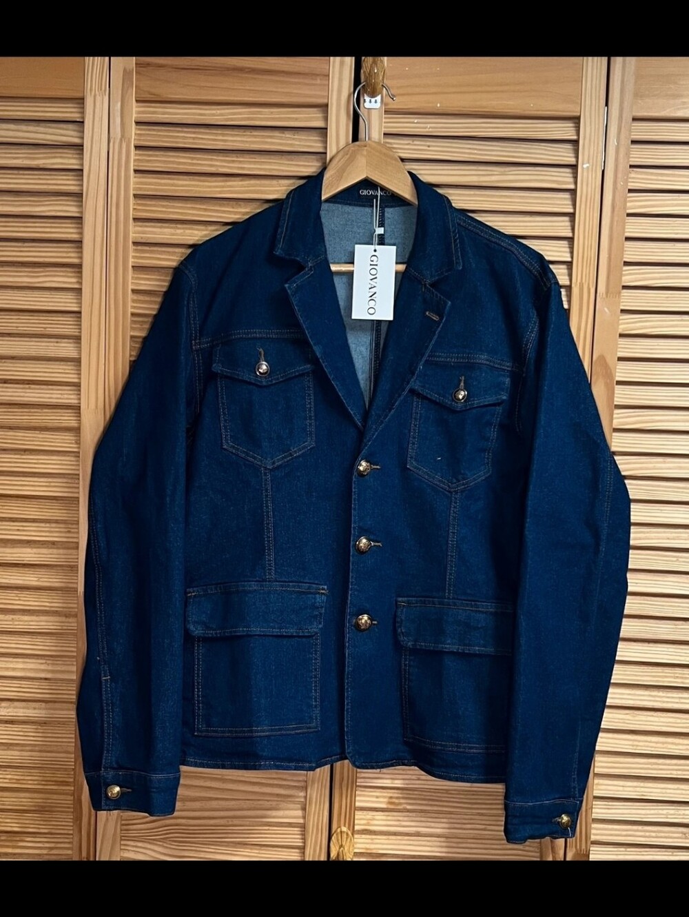 Giovanco Mens Large Casual Notch Lapel Three Button Denim Safari Jacket